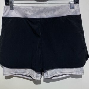 BSP Womens 2-in-1 Athletic Shorts Black Gray Marble Print Activewear Large‎
